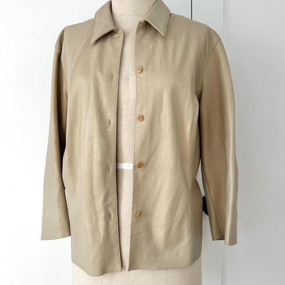 Express Vintage Leather Jacket Button Up Collared Tan Minimalist S 90s Y2K - Picture 1 of 6